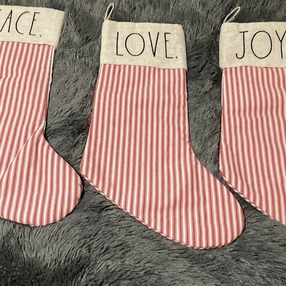 RAE DUNN "PEACE LOVE JOY" RED TICKING STRIPE CHRISTMAS STOCKINGS SET OF 3 - Picture 4 of 12